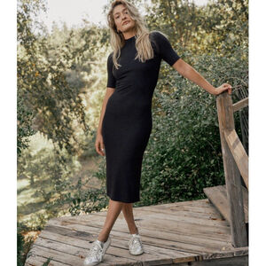 Marine Layer Lexi Rib Mock Neck Midi Dress Black Short Sleeve Medium Lined